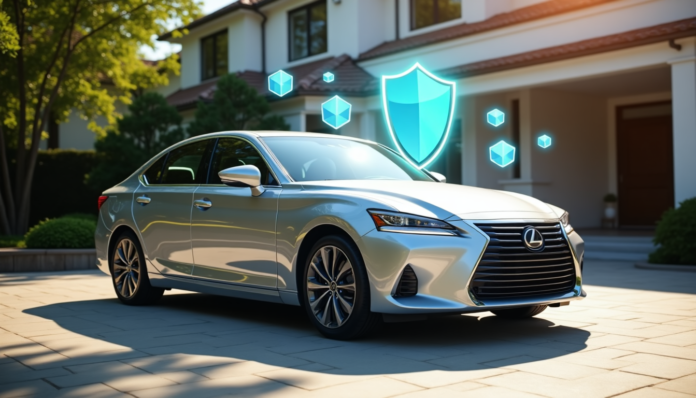 Silver sedan in front of a house with icons symbolizing car insurance.