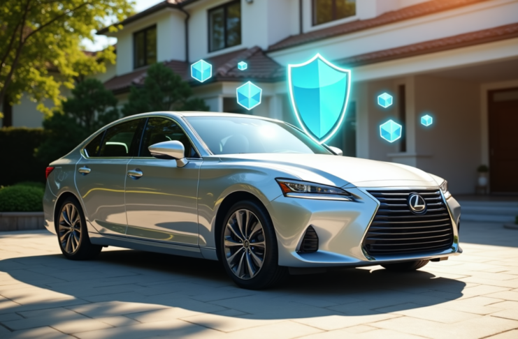 Silver sedan in front of a house with icons symbolizing car insurance.